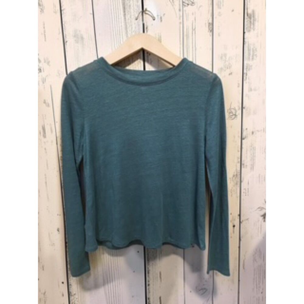 Eileen Fisher Organic Linen Jersey Crew Neck Long-Sleeve Top – Teal Blue – XXS